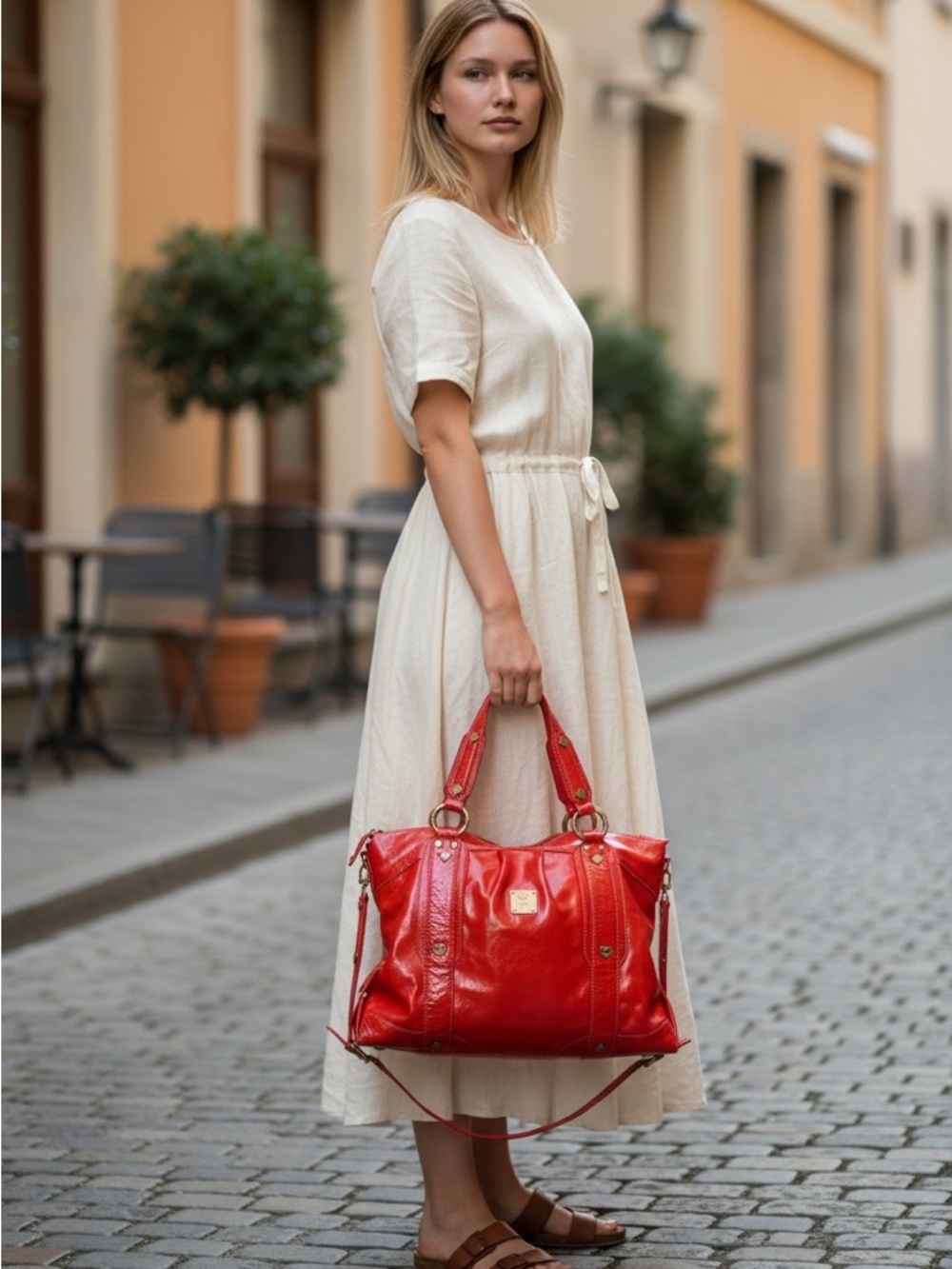 Authentic MCM München Red Patent Leather Satchel w/Crossbody Strap & Dust Bag